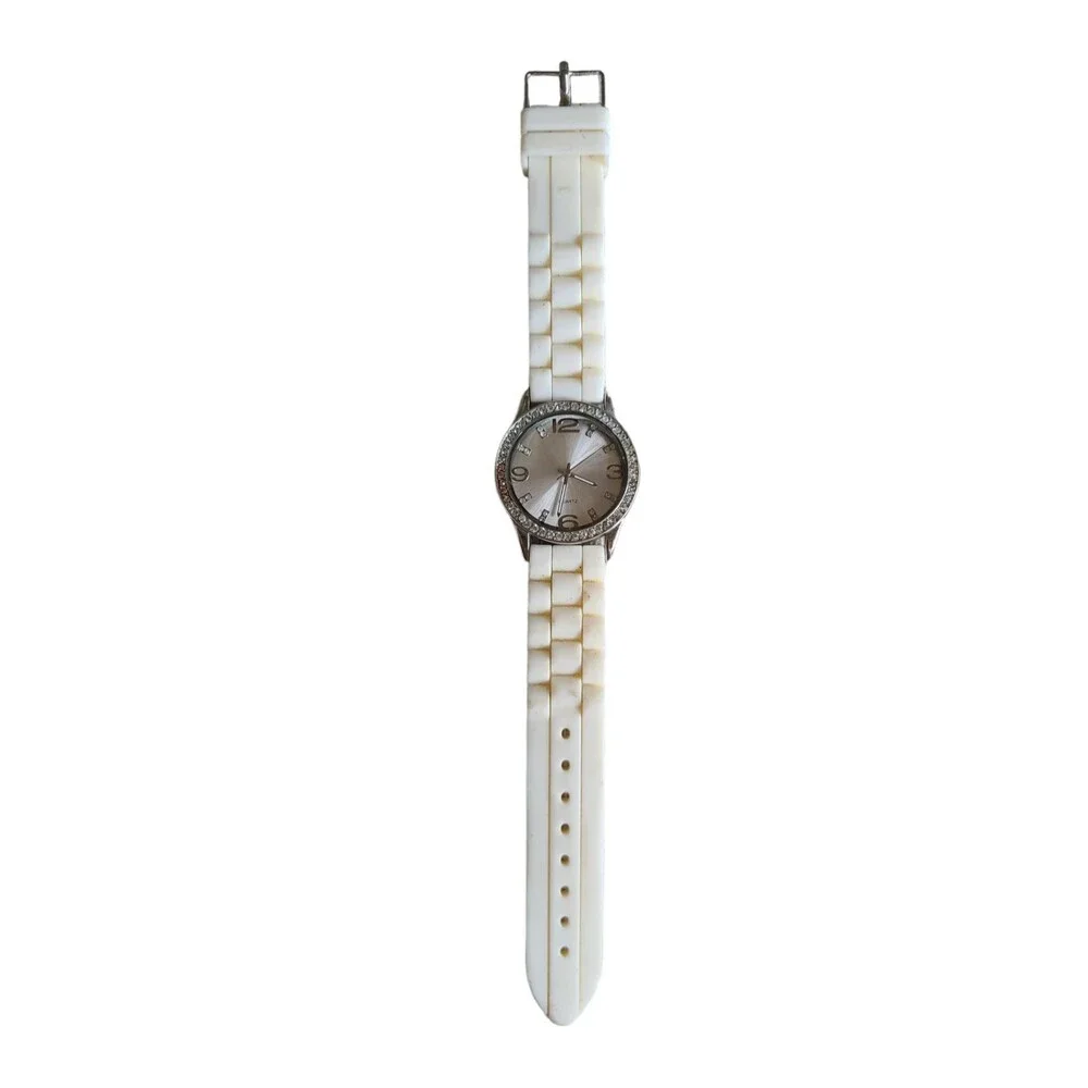 Accutime Rhinestone Silver Chrome Dial White Rubber Strap Womens Watch WORKS